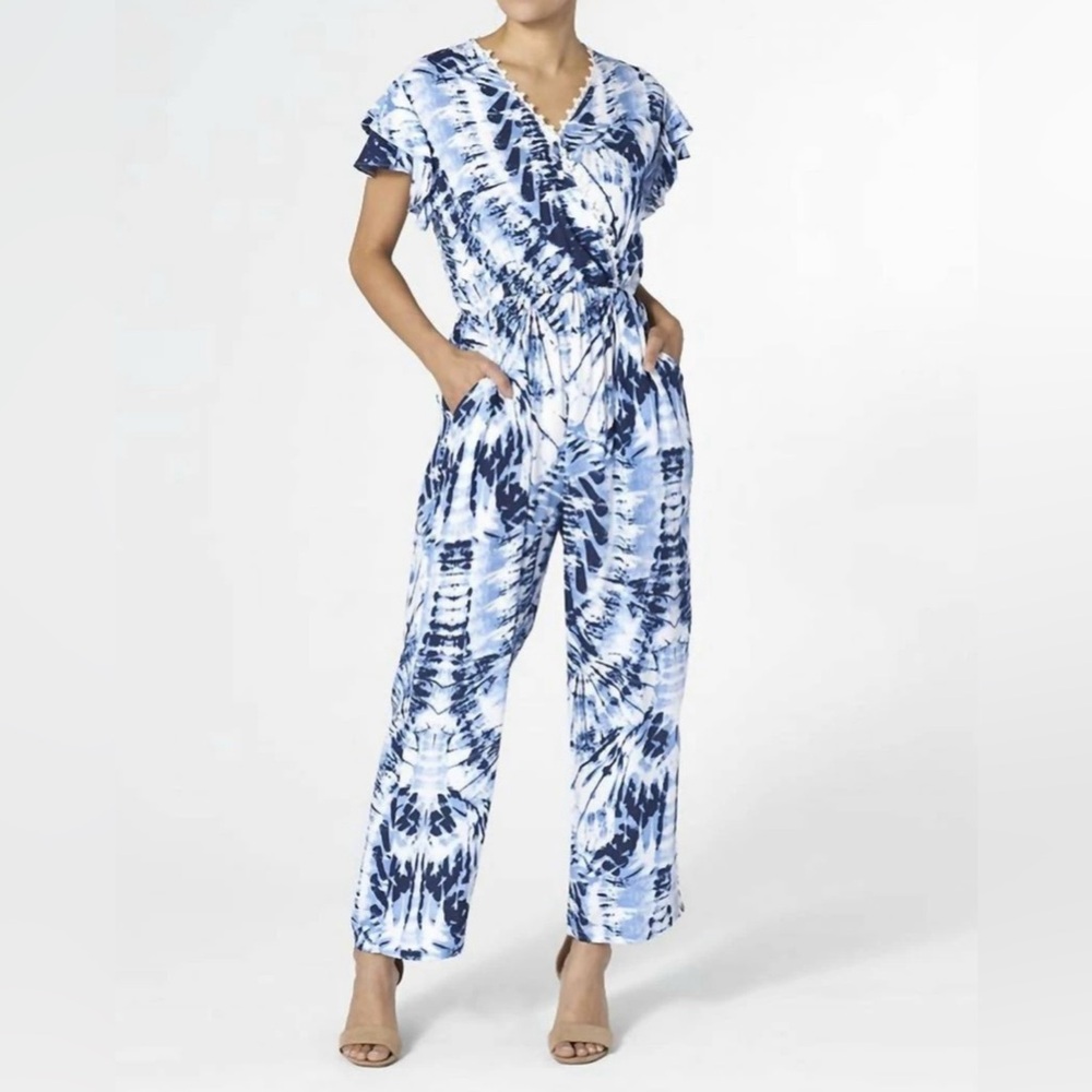 Coco + Carmen Blue and White Tie-Dye Jumpsuit